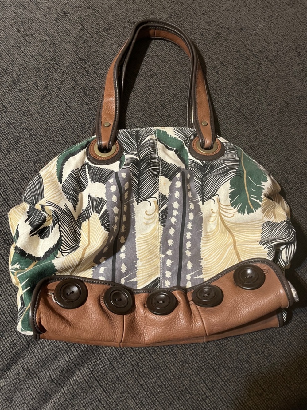 lucky penny Canvas and Leather Tote Bag in Green, Tan, Cream